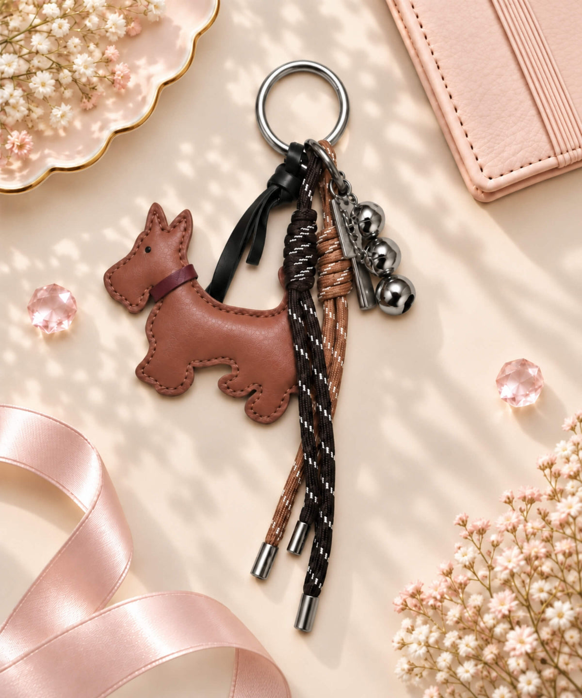 Brown Scottish Terrier PU leather bag charm keychain styled on a soft pink background