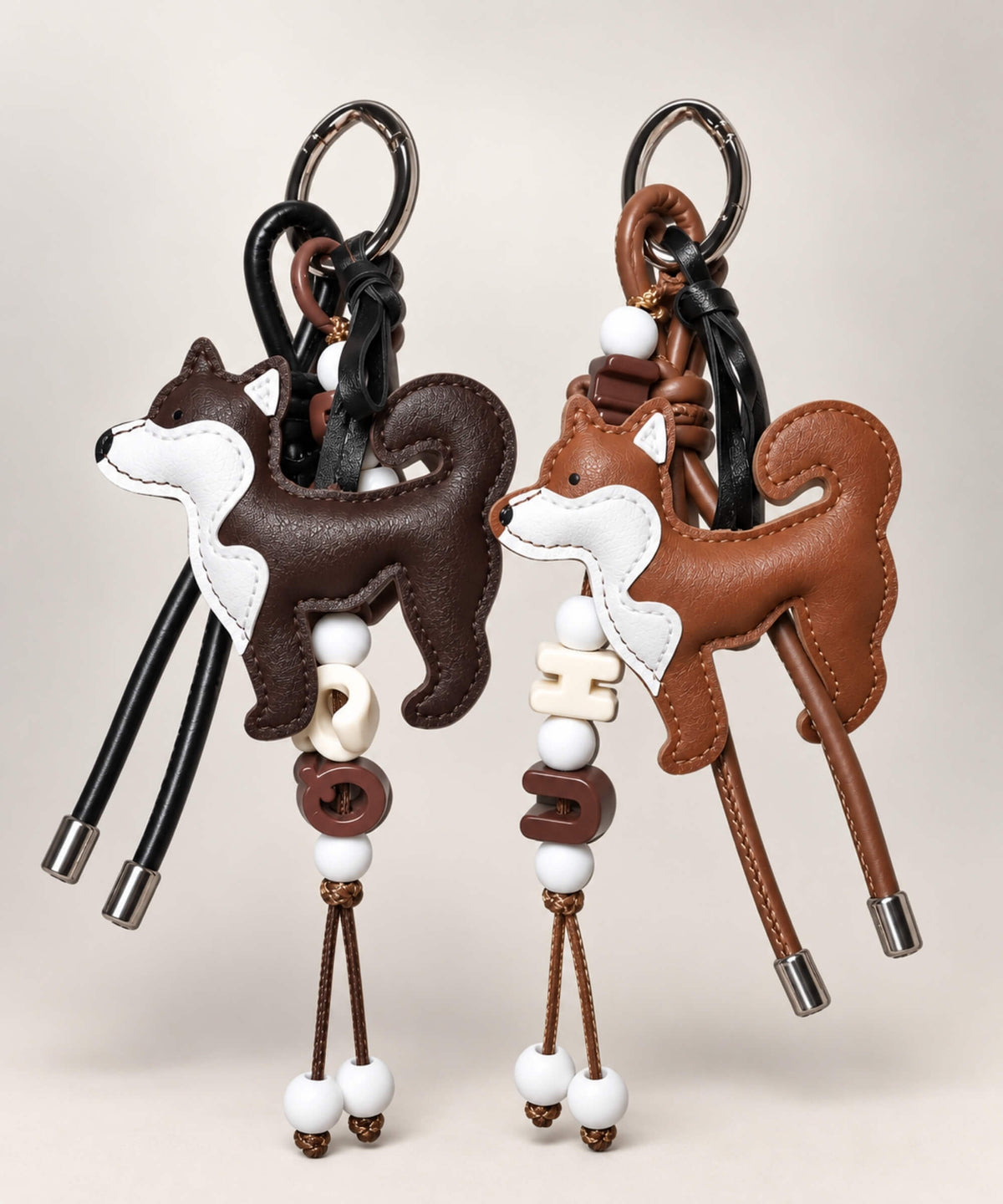 Shiba Inu PU leather bag charm keychains in Dark Brown and Brown