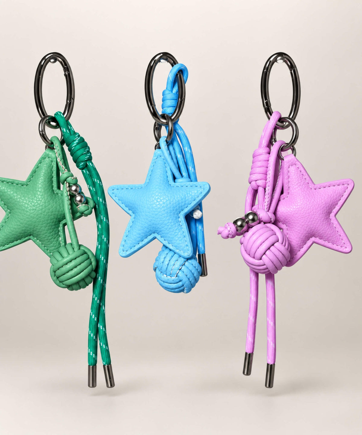 Star PU leather bag charm keychains in Green, Blue and Purple