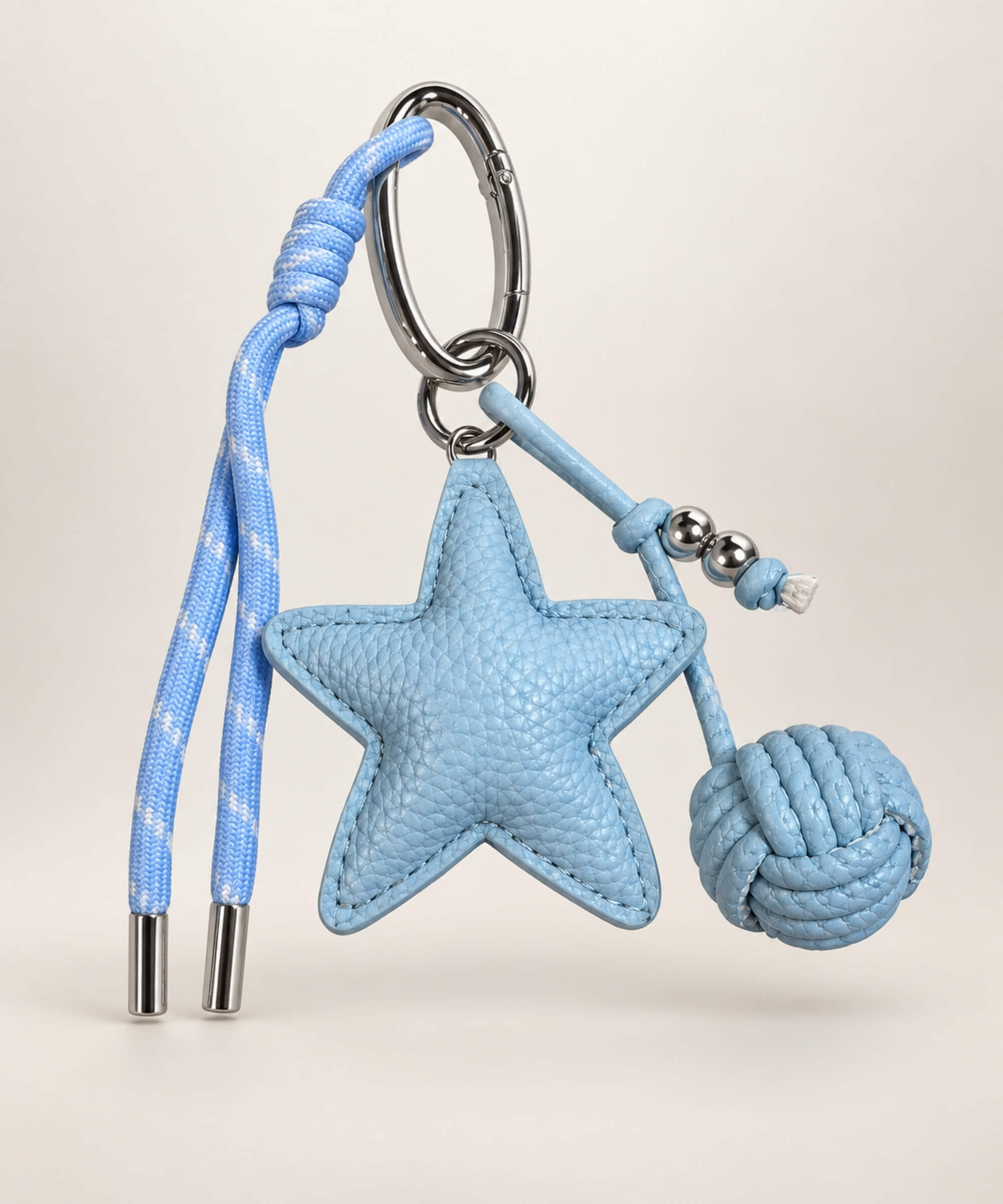 Blue star PU leather bag charm keychain with rope cord and woven knot ball