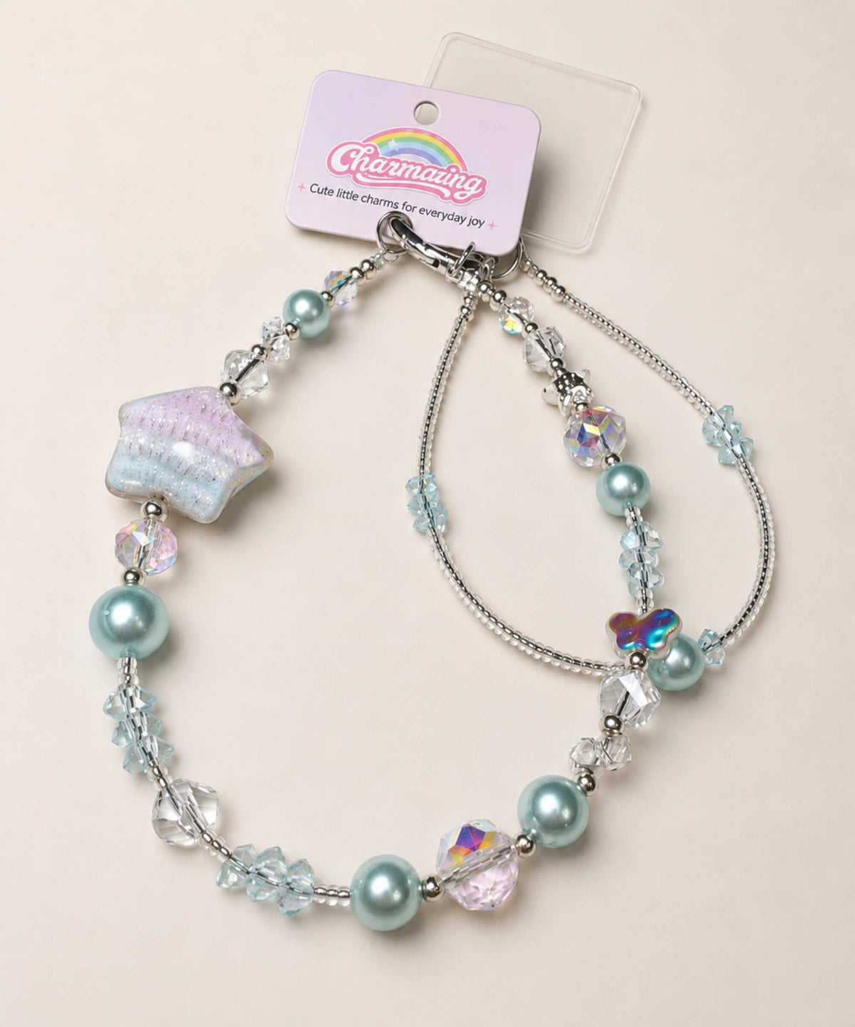 Blue Starry beaded phone charm with aqua pearl-look beads and crystal-style details