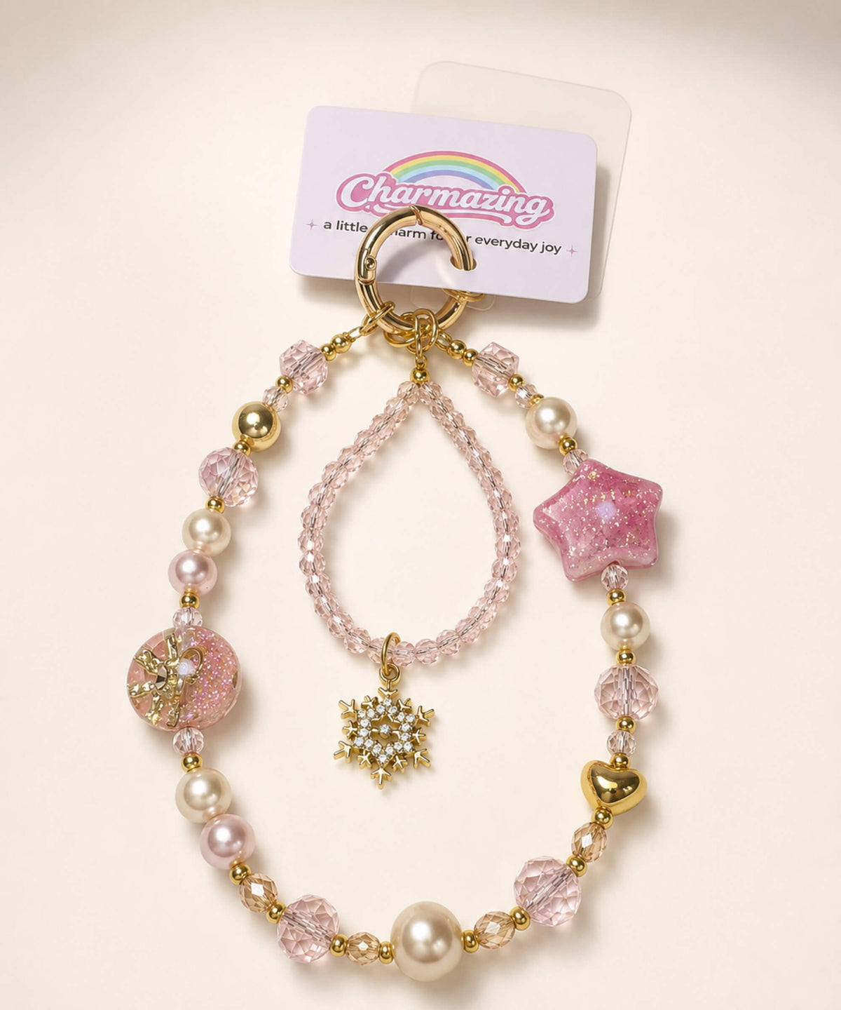Pink Starry beaded phone charm with pearl-look beads and gold-tone star details