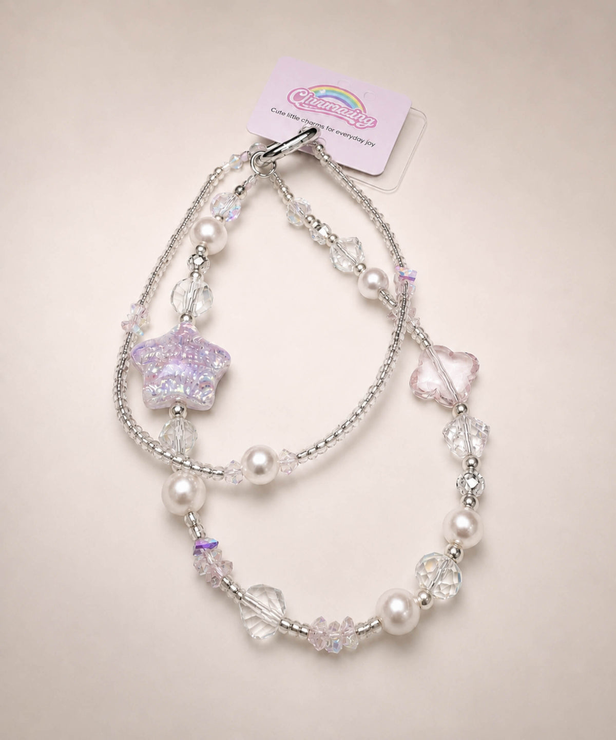 Purple Starry beaded phone charm with pearl-look beads and crystal-style star details