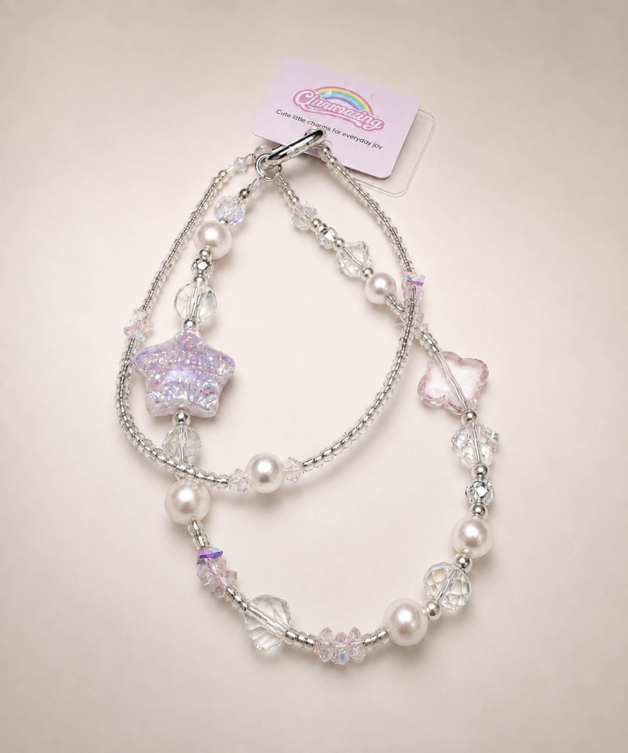 Purple Starry beaded phone charm with pearl-look beads and crystal-style star details