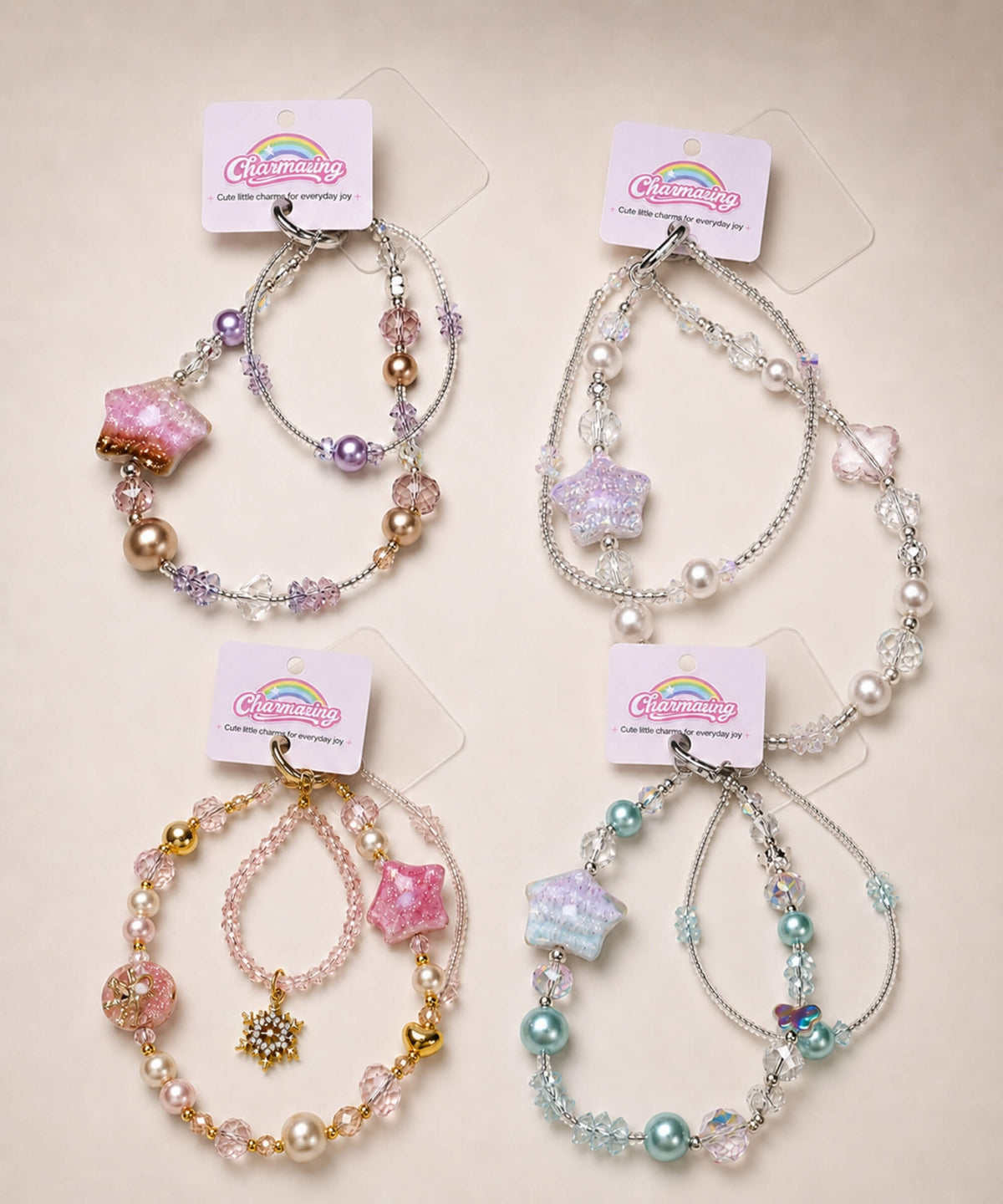 Starry beaded phone charms in Pastel Mix, Purple, Pink and Blue colour styles