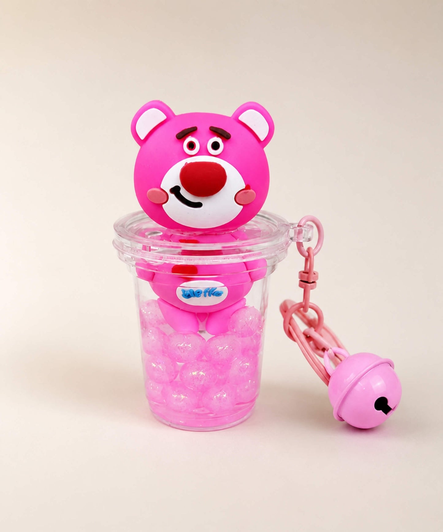 Strawberry bear bubble tea liquid keychain with pink glitter beads and pink clip