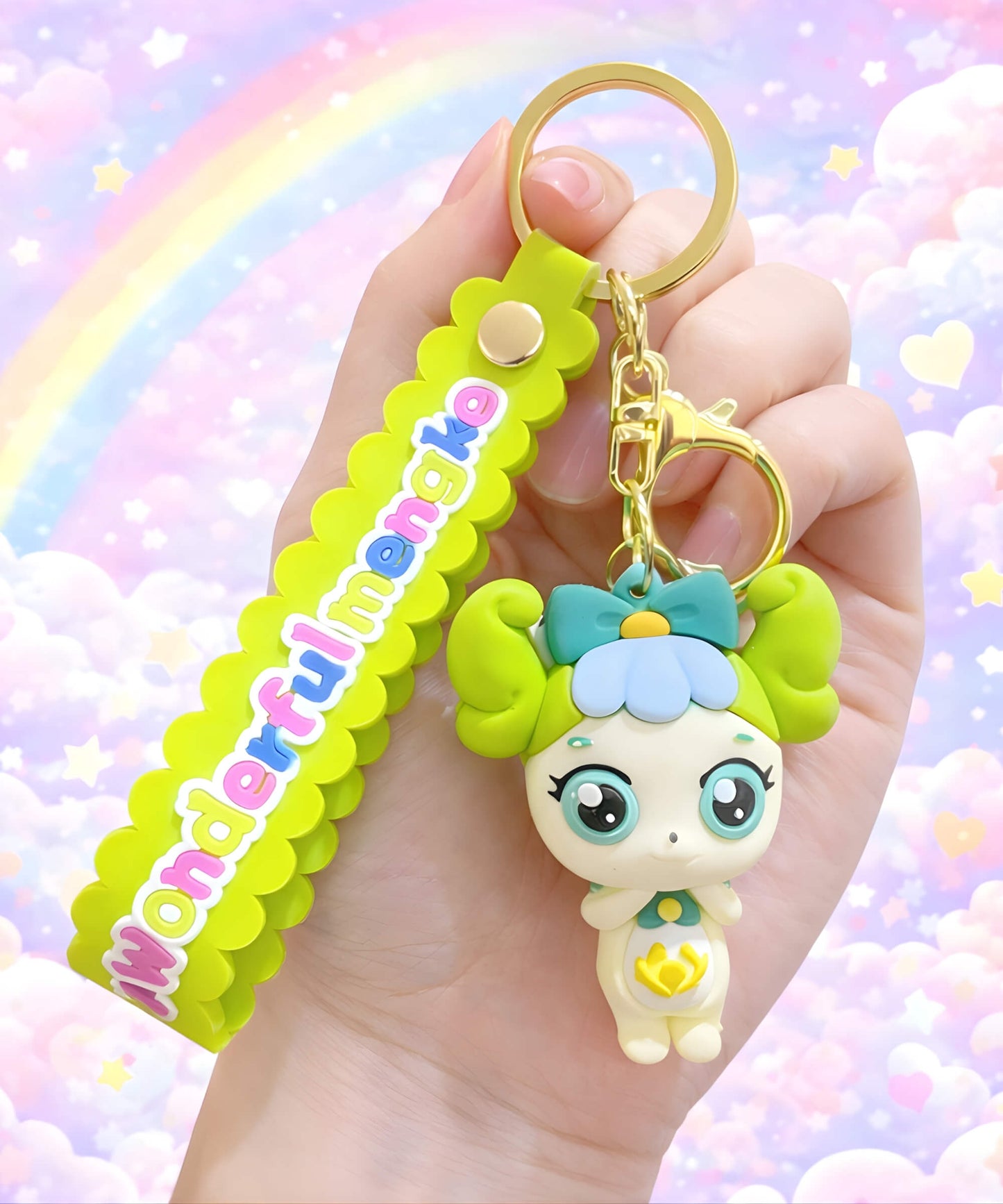 Teenieping style fairy character keychain held in hand, cute green pastel girl bag charm with soft rainbow background