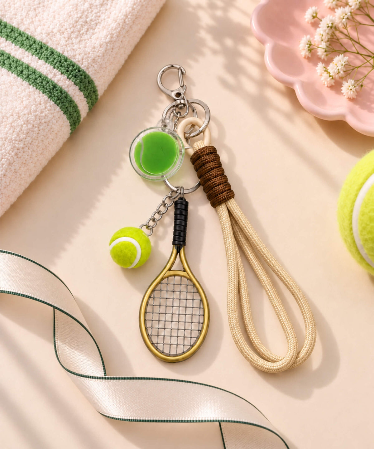 Tennis charm set rope keychain with mini racket charm, tennis ball charm, green detail and beige rope strap