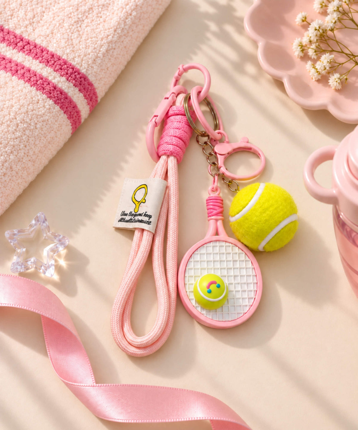 Pink tennis racket rope keychain with tennis racket charm, tennis ball charm and pink rope strap