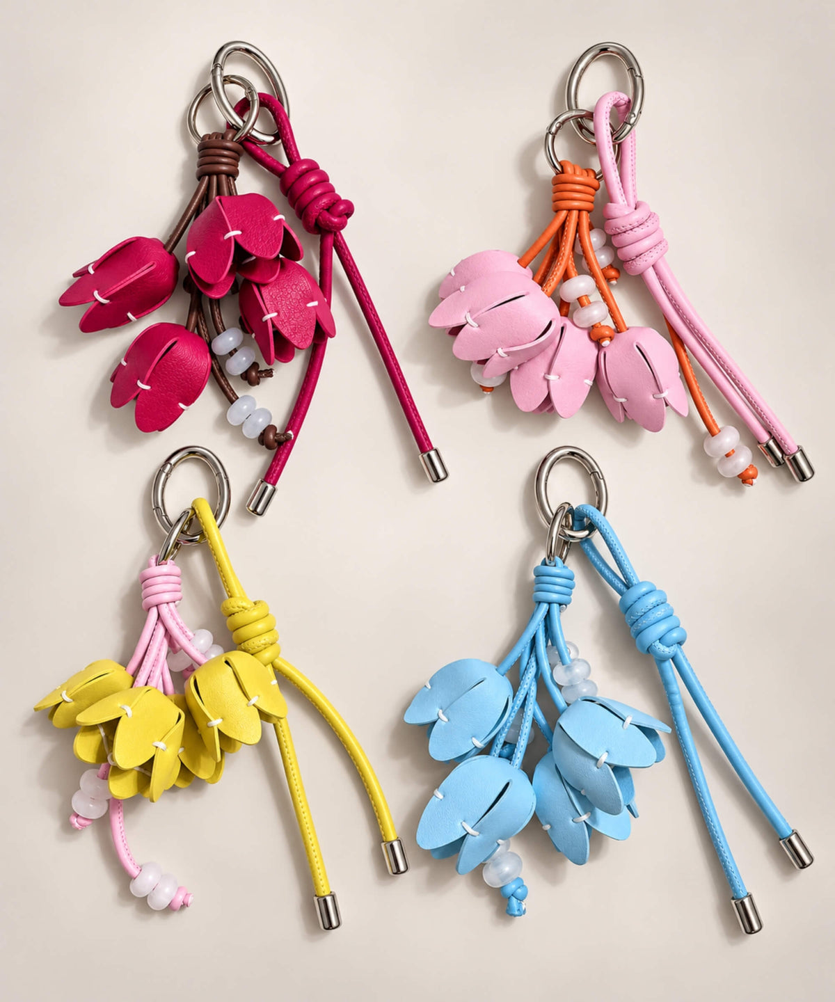 Tulip PU leather bag charm keychains in red pink yellow and blue