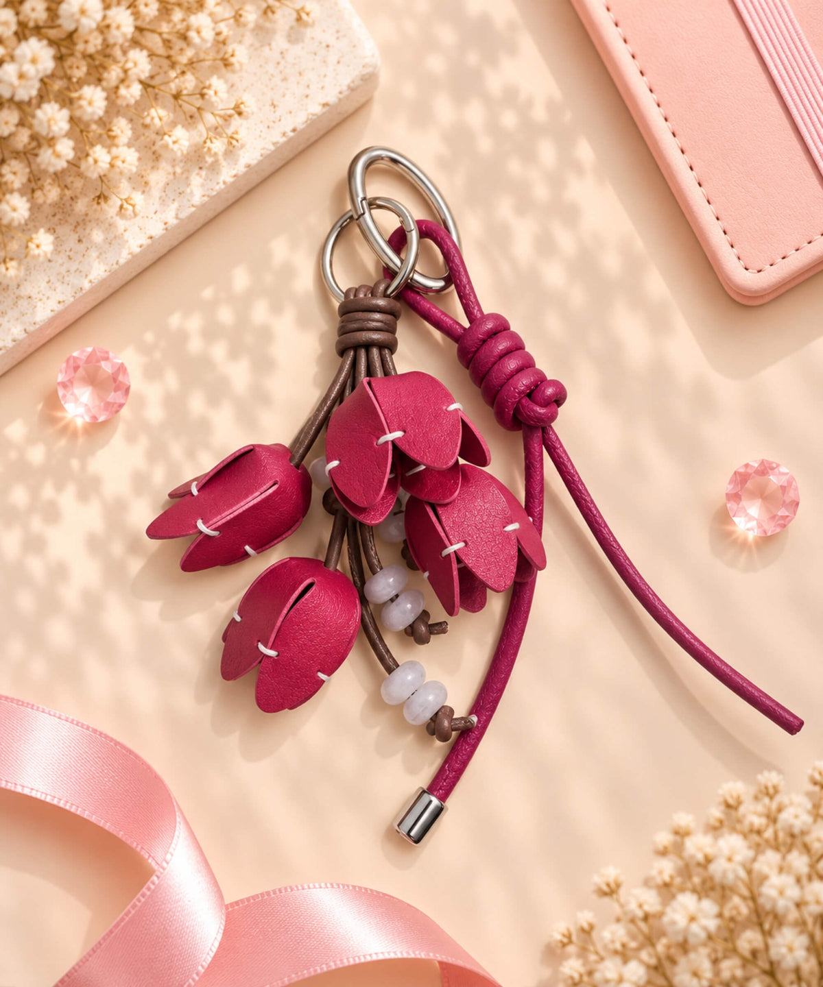 Red tulip PU leather bag charm keychain with hanging flower buds
