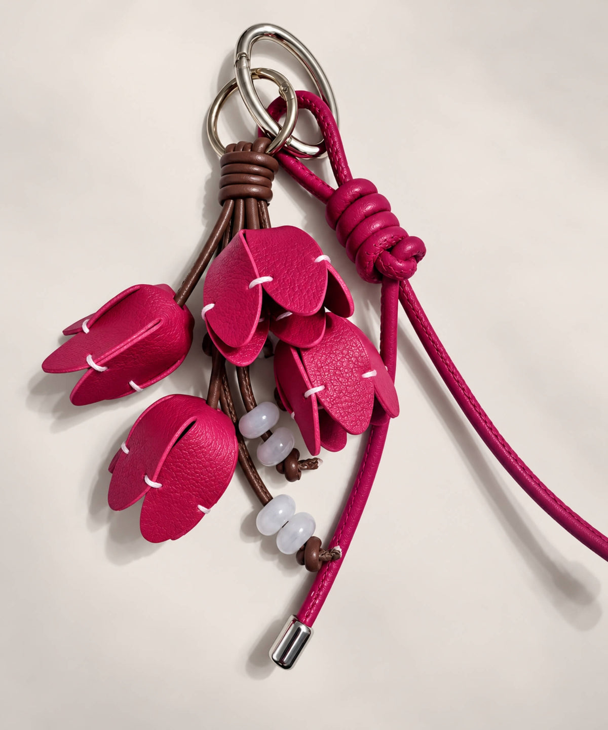 Red tulip PU leather bag charm keychain with hanging floral details