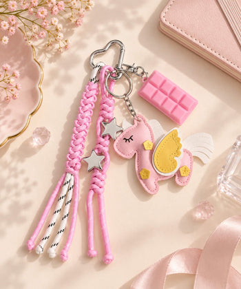 Pink unicorn PU leather bag charm keychain with gold wing, star details, chocolate charm and pink rope straps