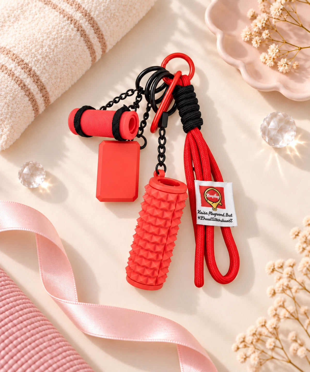 Yoga rope keychain with red yoga mat charm, foam roller charm and red rope strap